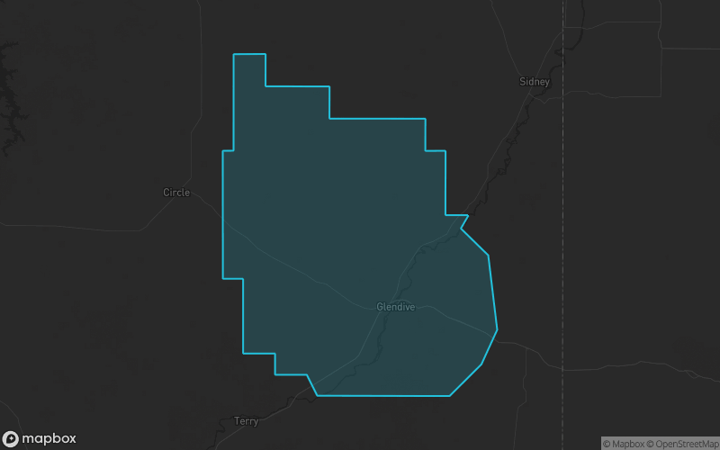 Map of Dawson County, Montana showing the county boundary and surrounding cities