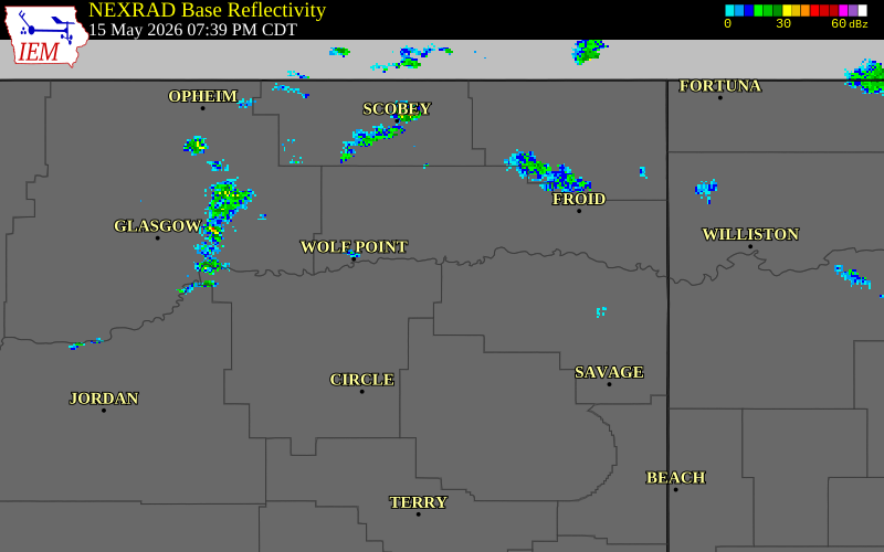 NEXRAD radar during the Friday, May 15, 2026 storm activity in Dawson County, Montana