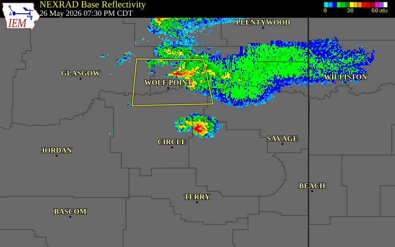 NEXRAD radar during the Tuesday, May 26, 2026 storm activity in Dawson County, Montana