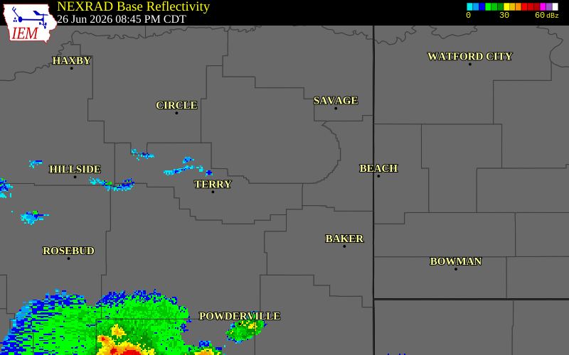 NEXRAD radar during the Friday, June 26, 2026 storm activity in Dawson County, Montana