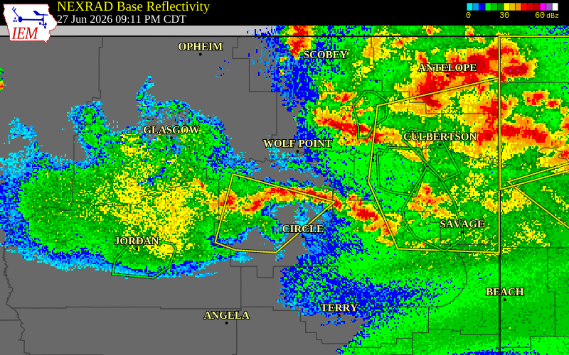 NEXRAD radar during the Saturday, June 27, 2026 storm activity in Dawson County, Montana