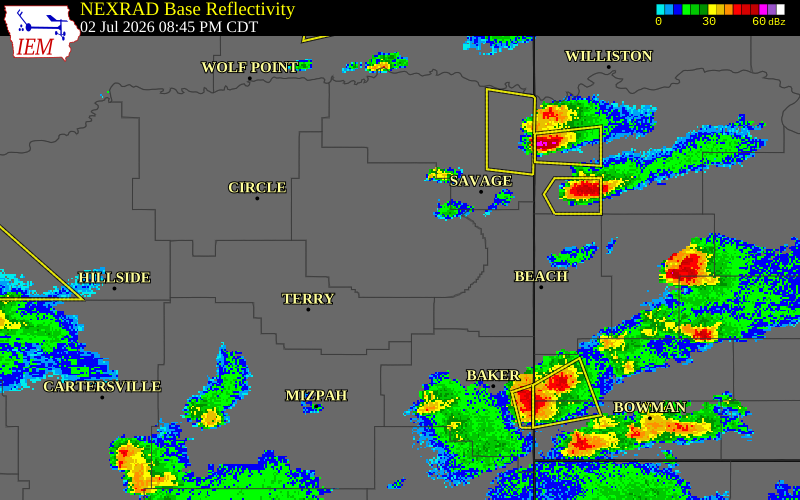 NEXRAD radar during the Thursday, July 2, 2026 storm activity in Dawson County, Montana