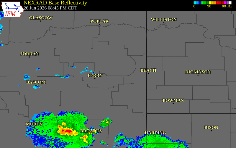 Radar snapshot during the Jun 26, 2026 wind event near 5 ESE Hoyt, Dawson County, Montana, with NWS warning polygons