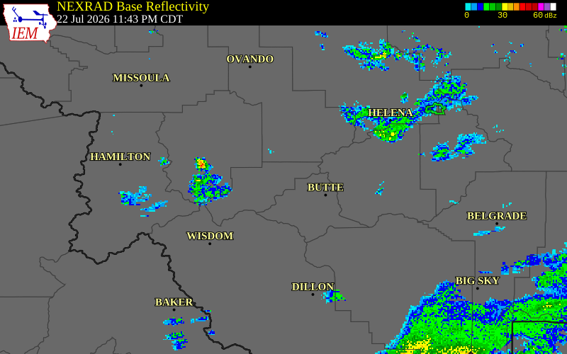 NEXRAD radar during the Wednesday, July 22, 2026 storm activity in Deer Lodge County, Montana