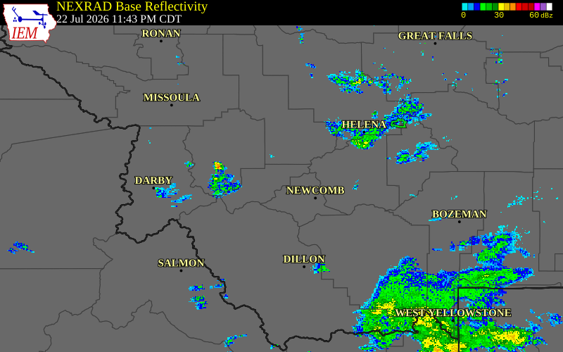 Radar snapshot during the Jul 22, 2026 wind event near 4 NW Opportunity, Deer Lodge County, Montana, with NWS warning polygons