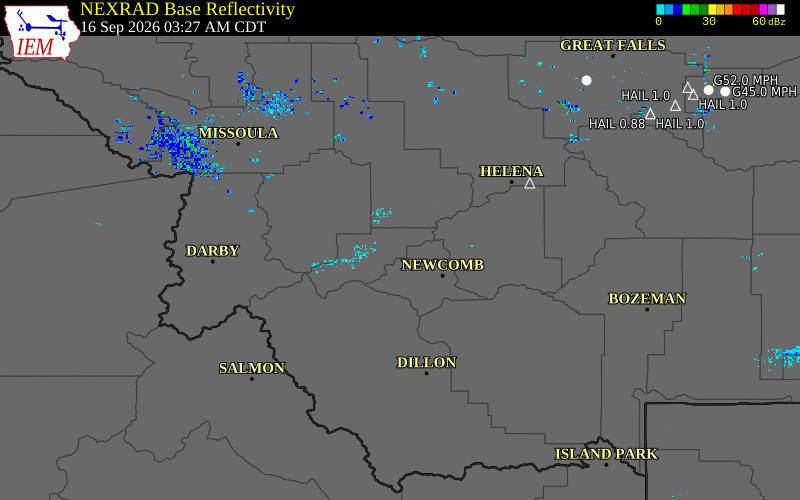 Current NEXRAD radar over Deer Lodge County, Montana with recent storm report locations