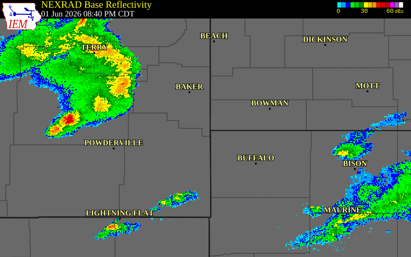 NEXRAD radar during the Monday, June 1, 2026 storm activity in Fallon County, Montana