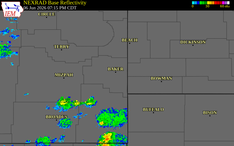 NEXRAD radar during the Saturday, June 6, 2026 storm activity in Fallon County, Montana