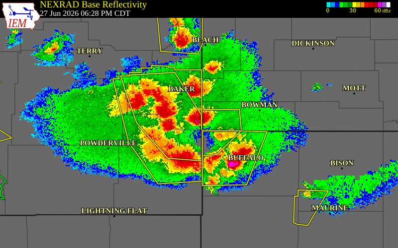 NEXRAD radar during the Saturday, June 27, 2026 storm activity in Fallon County, Montana