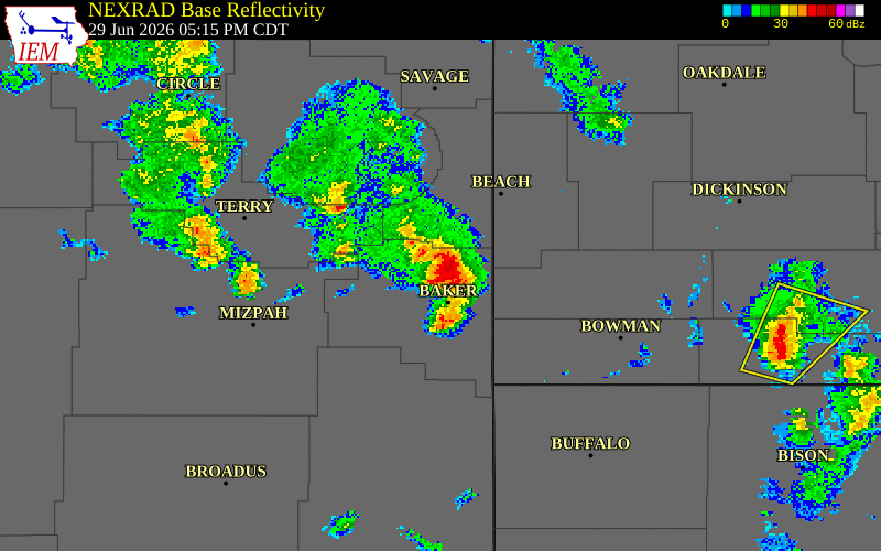 NEXRAD radar during the Monday, June 29, 2026 storm activity in Fallon County, Montana