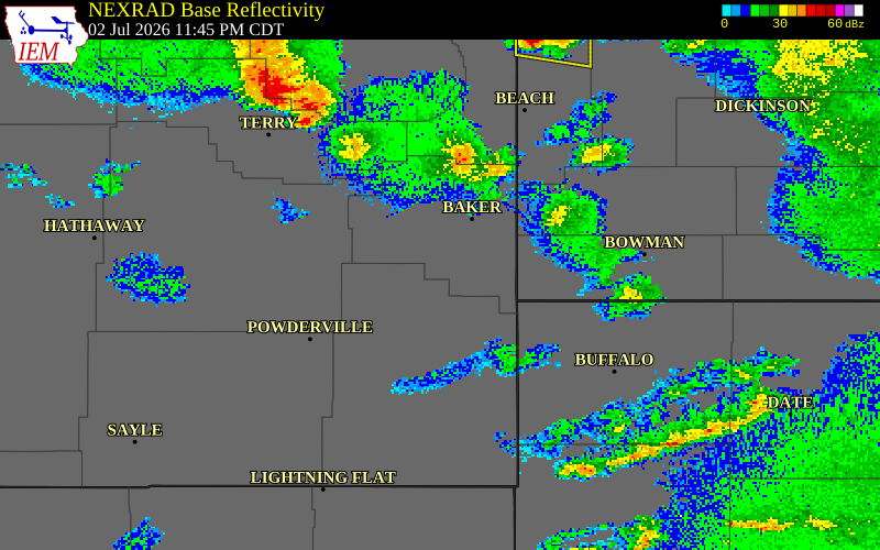 NEXRAD radar during the Thursday, July 2, 2026 storm activity in Fallon County, Montana