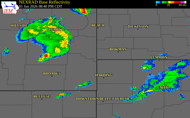 Radar snapshot during the Jun 1, 2026 hail event near 9 SE Webster, Fallon County, Montana, with NWS warning polygons