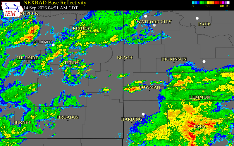 Current NEXRAD radar over Fallon County, Montana with recent storm report locations