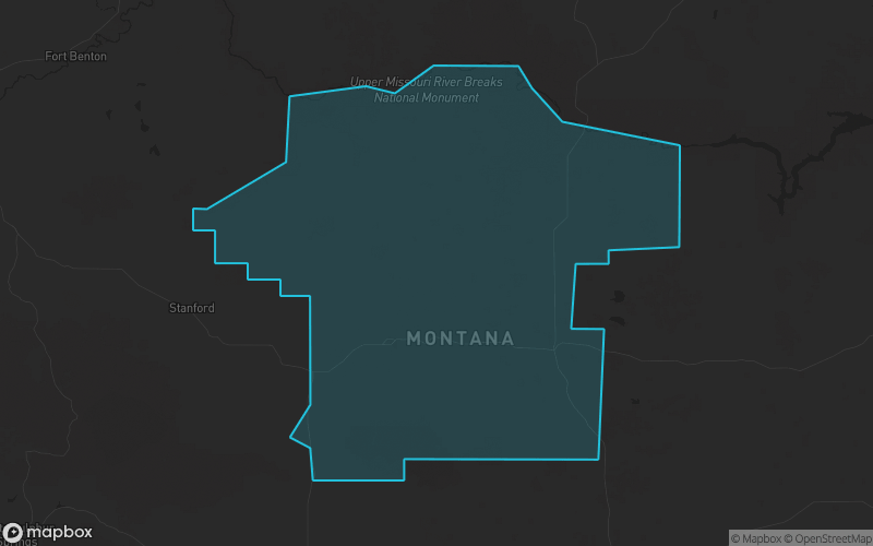Map of Fergus County, Montana showing the county boundary and surrounding cities