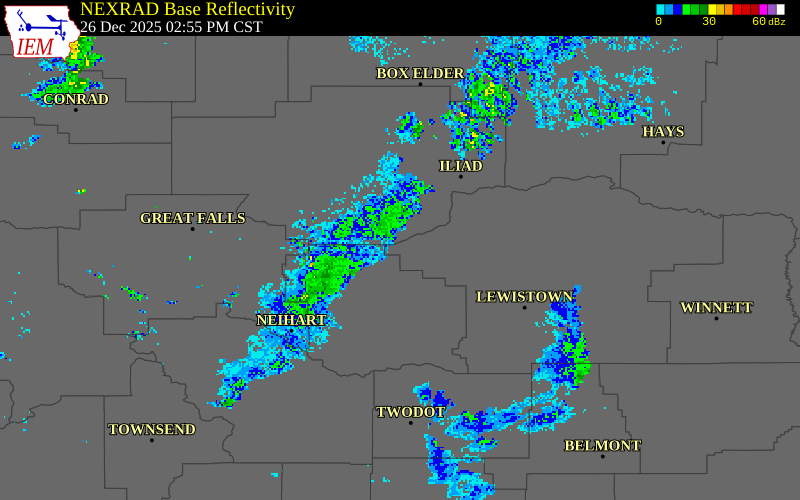 NEXRAD radar during the Friday, December 26, 2025 storm activity in Fergus County, Montana