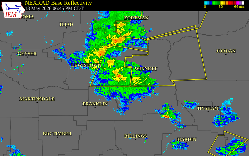 NEXRAD radar during the Wednesday, May 13, 2026 storm activity in Fergus County, Montana