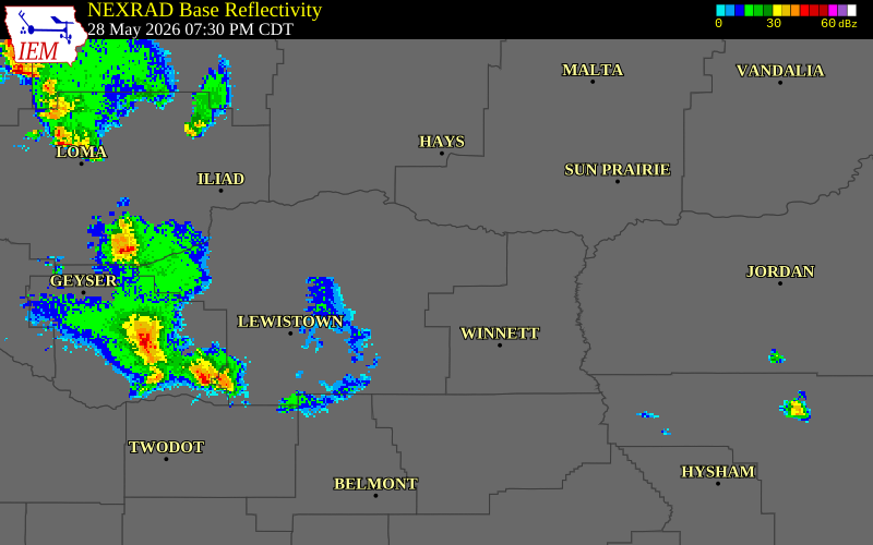 NEXRAD radar during the Thursday, May 28, 2026 storm activity in Fergus County, Montana