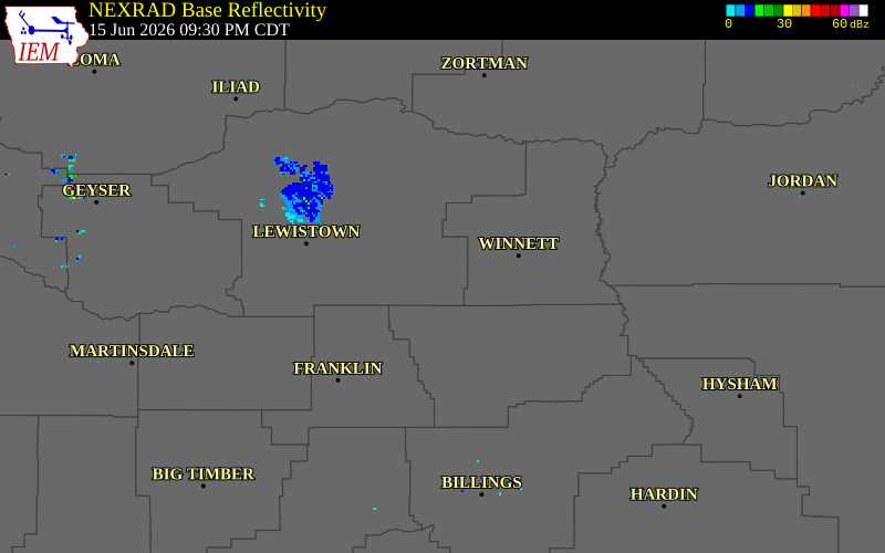 NEXRAD radar during the Monday, June 15, 2026 storm activity in Fergus County, Montana