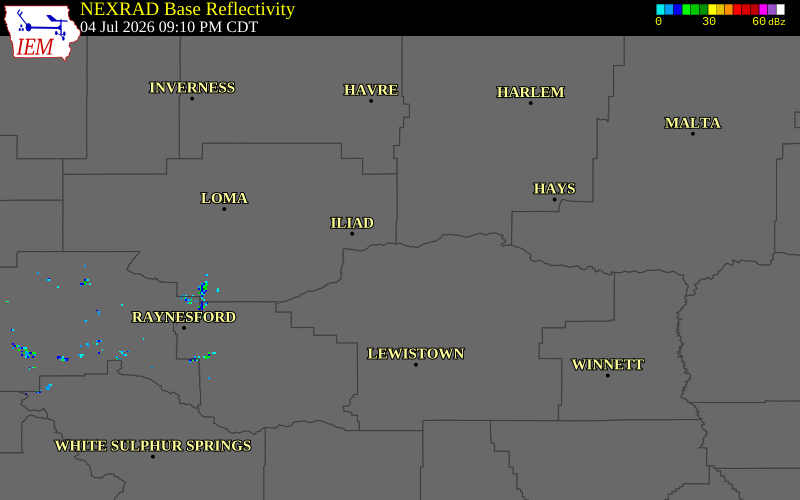 NEXRAD radar during the Saturday, July 4, 2026 storm activity in Fergus County, Montana