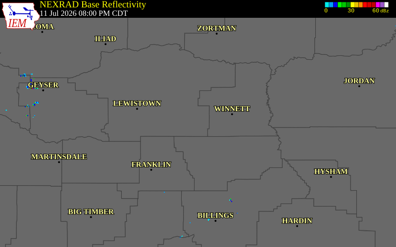 NEXRAD radar during the Saturday, July 11, 2026 storm activity in Fergus County, Montana