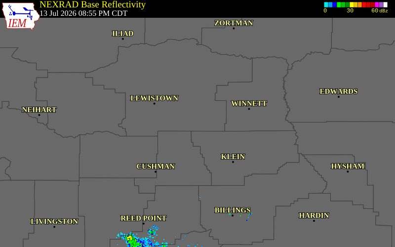 NEXRAD radar during the Monday, July 13, 2026 storm activity in Fergus County, Montana