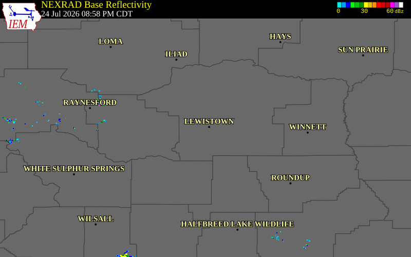 NEXRAD radar during the Friday, July 24, 2026 storm activity in Fergus County, Montana