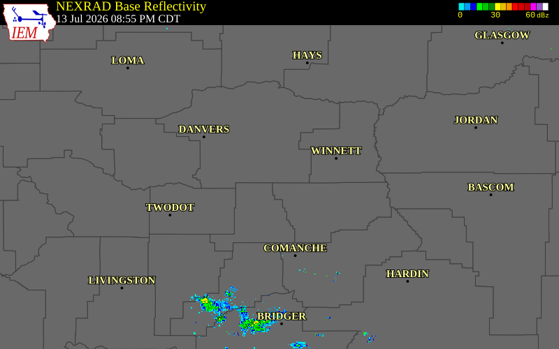 Radar snapshot during the Jul 13, 2026 wind event near 12 SSE Forestgrove, Fergus County, Montana, with NWS warning polygons