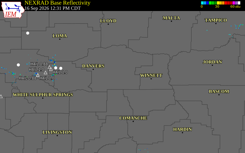 Current NEXRAD radar over Fergus County, Montana with recent storm report locations