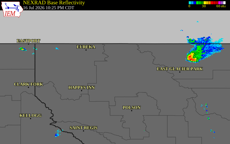 NEXRAD radar during the Thursday, July 16, 2026 storm activity in Flathead County, Montana