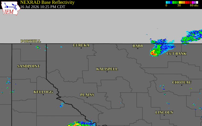 Radar snapshot during the Jul 16, 2026 hail event near 3 SSE Lupfer, Flathead County, Montana, with NWS warning polygons