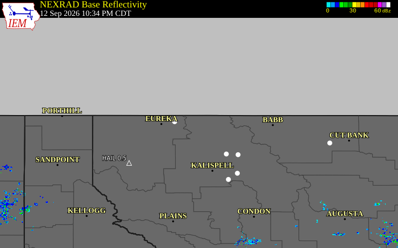 Current NEXRAD radar over Flathead County, Montana with recent storm report locations
