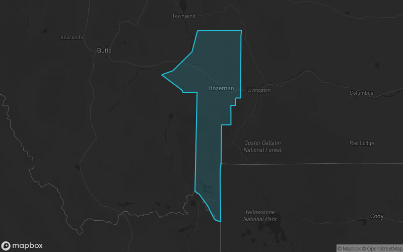 Map of Gallatin County, Montana showing the county boundary and surrounding cities