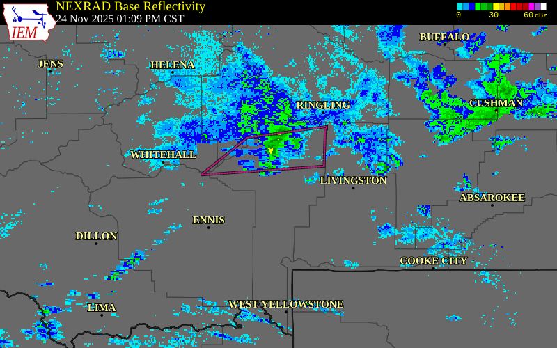 NEXRAD radar during the Monday, November 24, 2025 storm activity in Gallatin County, Montana