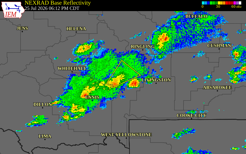 NEXRAD radar during the Saturday, July 25, 2026 storm activity in Gallatin County, Montana