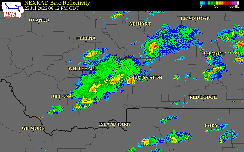 Radar snapshot during the Jul 25, 2026 wind event near Belgrade, Gallatin County, Montana, with NWS warning polygons