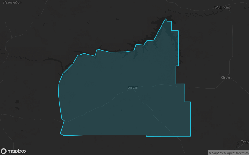 Map of Garfield County, Montana showing the county boundary and surrounding cities