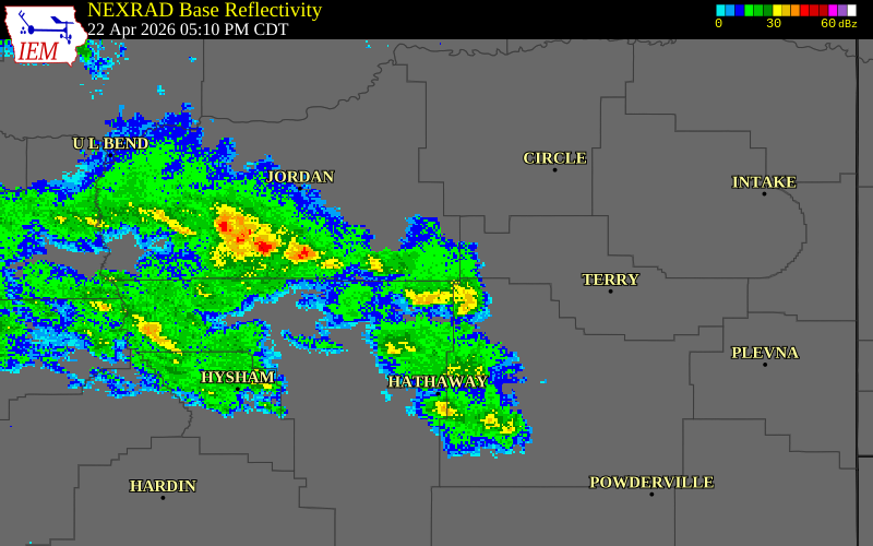 NEXRAD radar during the Wednesday, April 22, 2026 storm activity in Garfield County, Montana