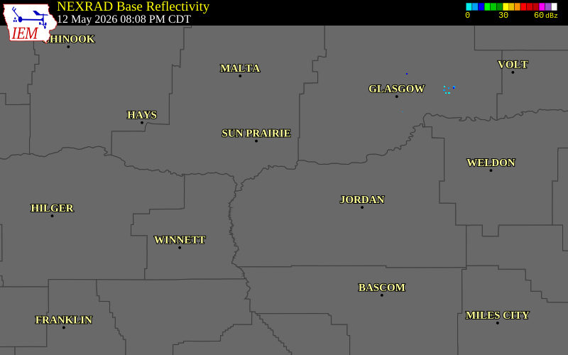 NEXRAD radar during the Tuesday, May 12, 2026 storm activity in Garfield County, Montana