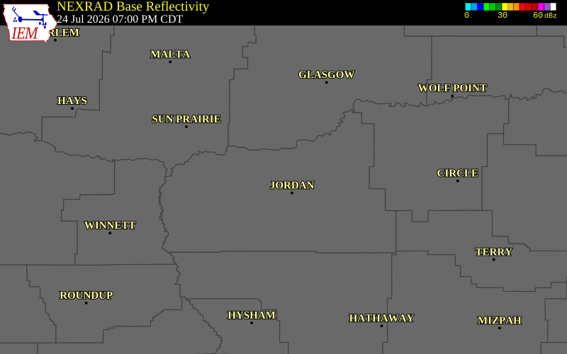 NEXRAD radar during the Friday, July 24, 2026 storm activity in Garfield County, Montana