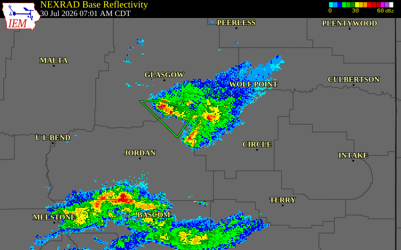 NEXRAD radar during the Thursday, July 30, 2026 storm activity in Garfield County, Montana