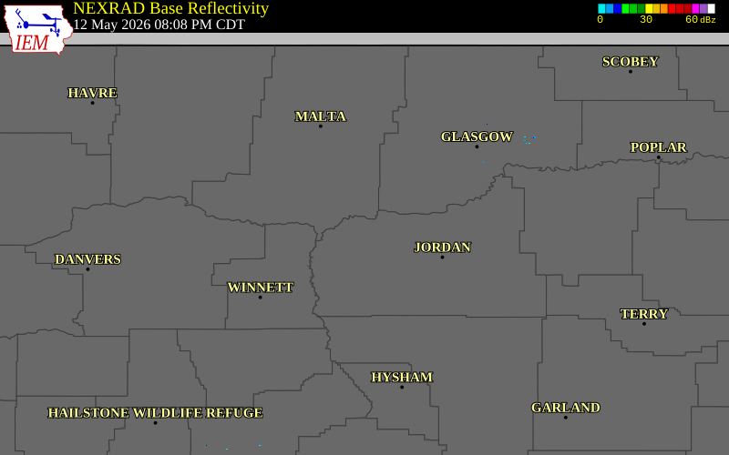 Radar snapshot during the May 12, 2026 wind event near 7 SE Devils Creek Rec A, Garfield County, Montana, with NWS warning polygons