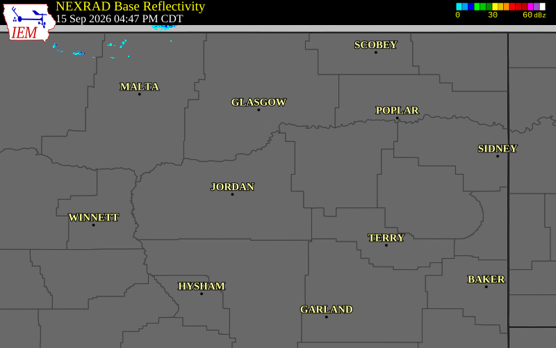 Current NEXRAD radar over Garfield County, Montana with recent storm report locations