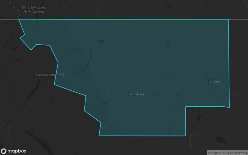 Map of Glacier County, Montana showing the county boundary and surrounding cities