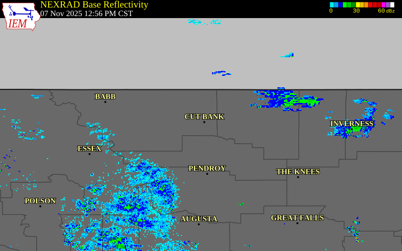 NEXRAD radar during the Friday, November 7, 2025 storm activity in Glacier County, Montana