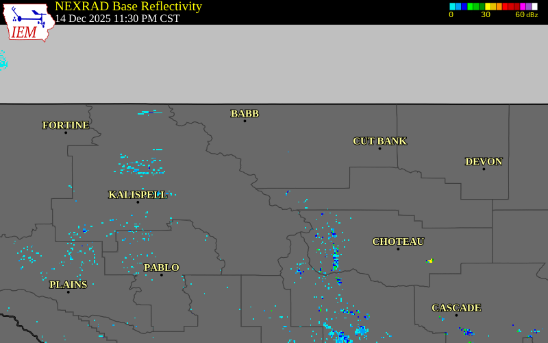 NEXRAD radar during the Sunday, December 14, 2025 storm activity in Glacier County, Montana