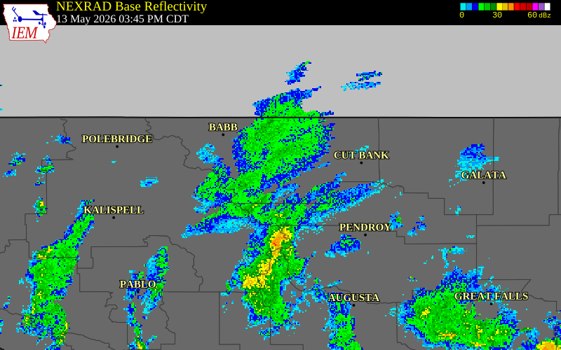 NEXRAD radar during the Wednesday, May 13, 2026 storm activity in Glacier County, Montana