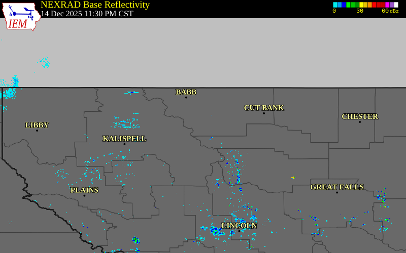 Radar snapshot during the Dec 14, 2025 wind event near 1 ENE East Glacier Park, Glacier County, Montana, with NWS warning polygons