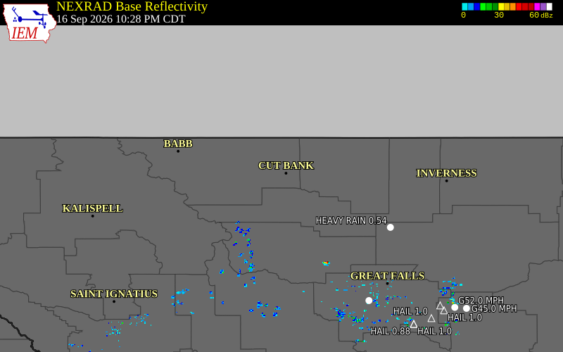 Current NEXRAD radar over Glacier County, Montana with recent storm report locations