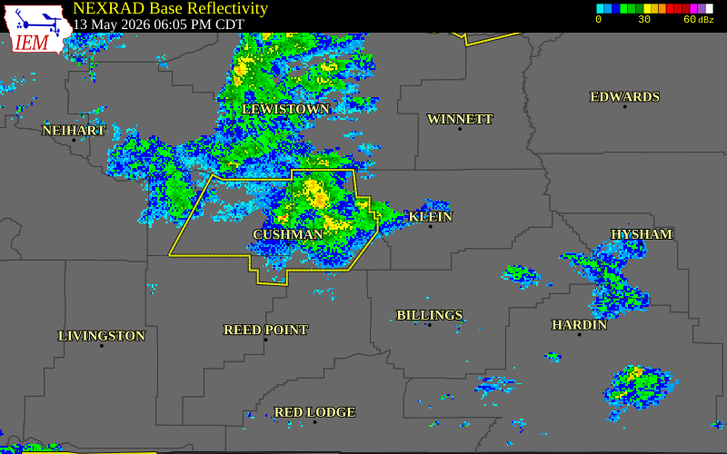 NEXRAD radar during the Wednesday, May 13, 2026 storm activity in Golden Valley County, Montana