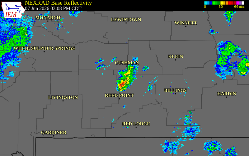 NEXRAD radar during the Sunday, June 7, 2026 storm activity in Golden Valley County, Montana